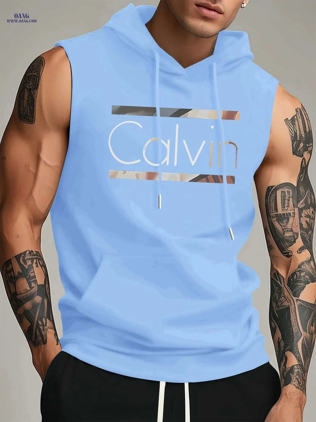 Calvin Men’s Sleeveless Hooded Tank Top - Light Blue Geometric Print   OAXG White / S