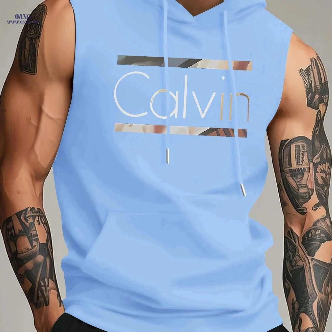 Calvin Men’s Sleeveless Hooded Tank Top - Light Blue Geometric Print   OAXG White / S