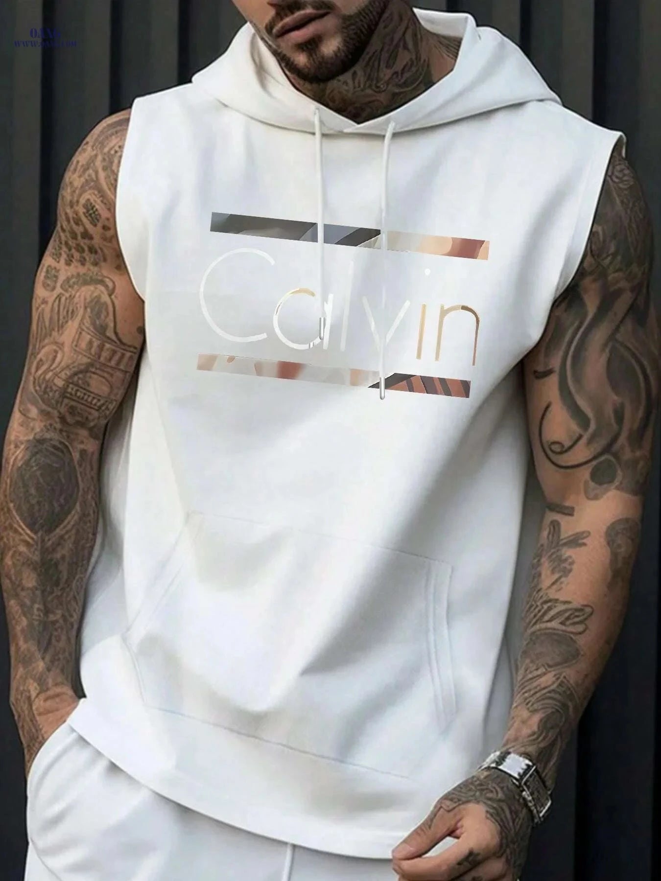 Calvin Men’s Sleeveless Hooded Tank Top - Light Blue Geometric Print   OAXG White / S