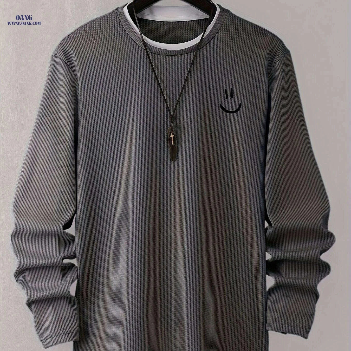 Cartoon Print Waffle Knit Men's T-Shirt - Comfortable Long Sleeve Style   OAXG 