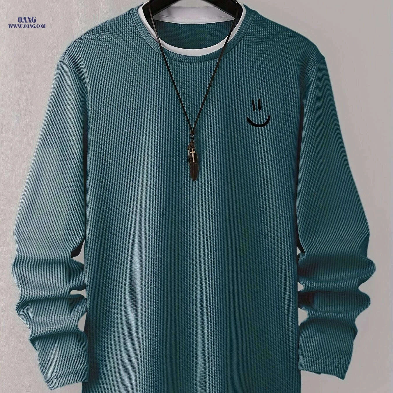 Cartoon Print Waffle Knit Men's T-Shirt - Comfortable Long Sleeve Style   OAXG 