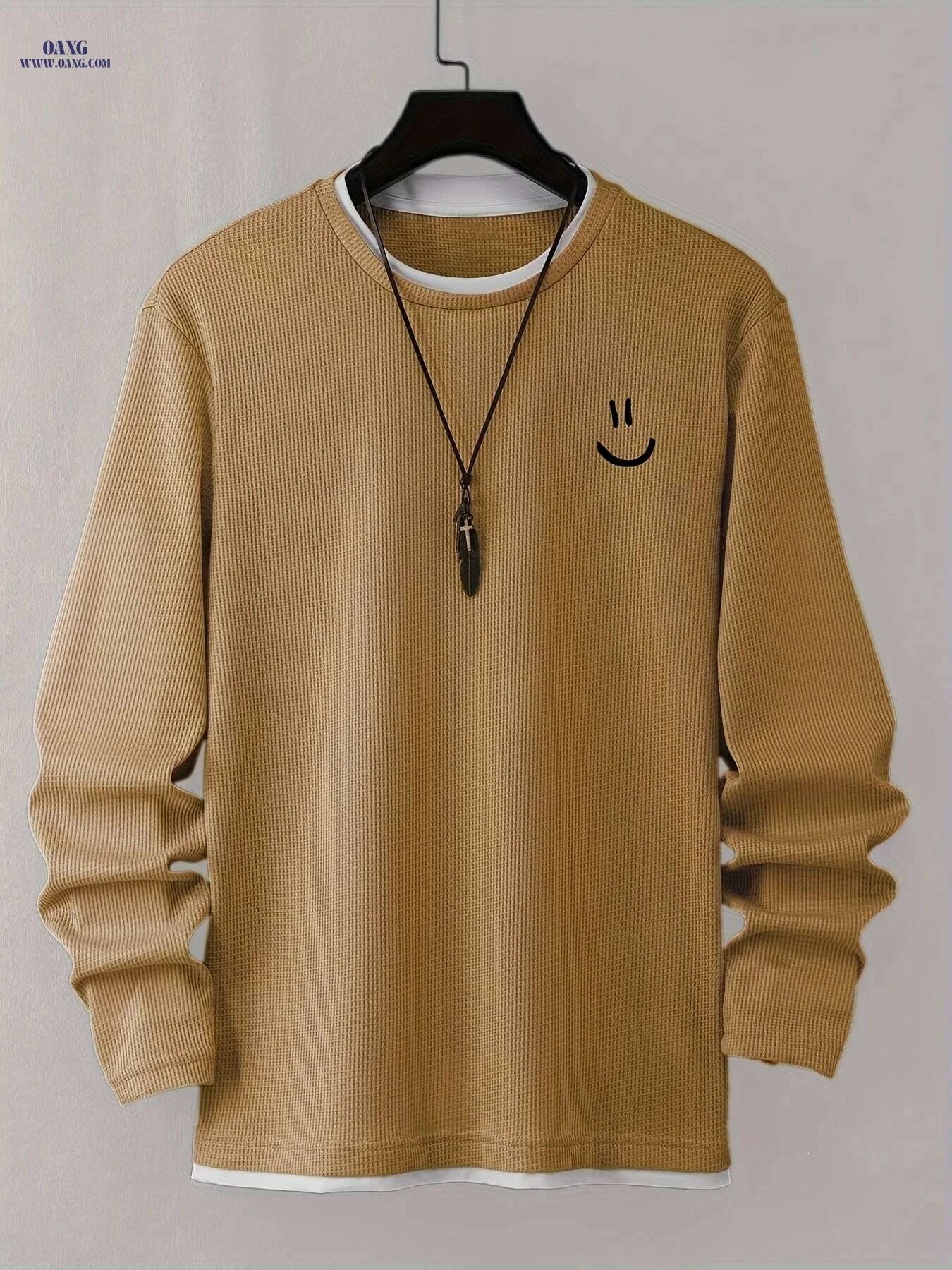 Cartoon Print Waffle Knit Men's T-Shirt - Comfortable Long Sleeve Style   OAXG 