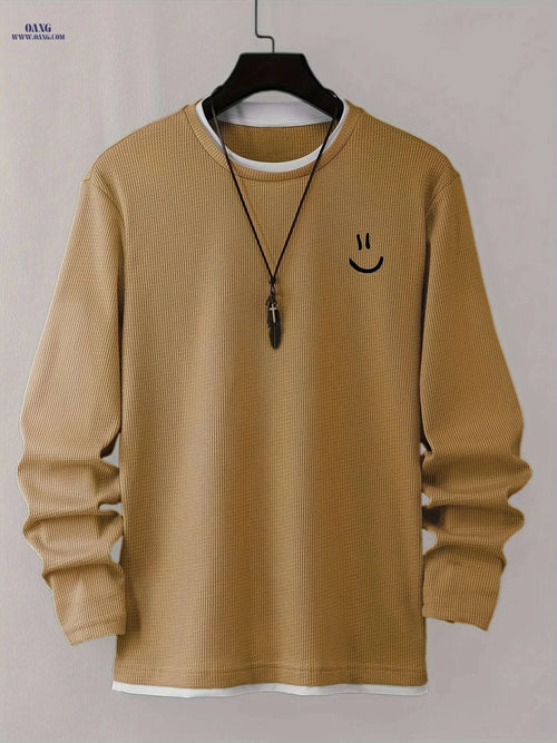 Cartoon Print Waffle Knit Men's T-Shirt - Comfortable Long Sleeve Style   OAXG 