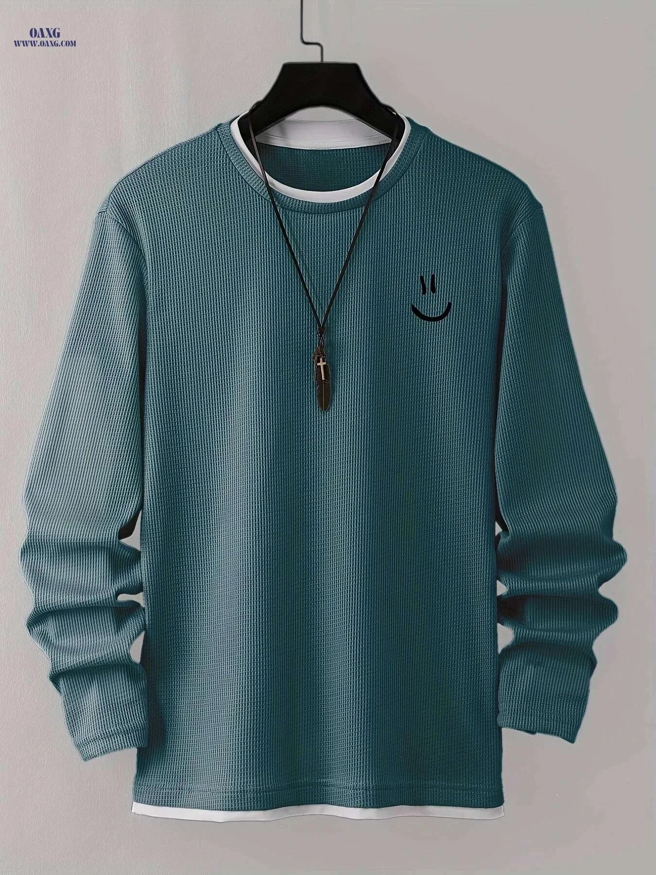 Cartoon Print Waffle Knit Men's T-Shirt - Comfortable Long Sleeve Style   OAXG 