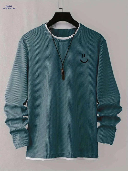 Cartoon Print Waffle Knit Men's T-Shirt - Comfortable Long Sleeve Style   OAXG 