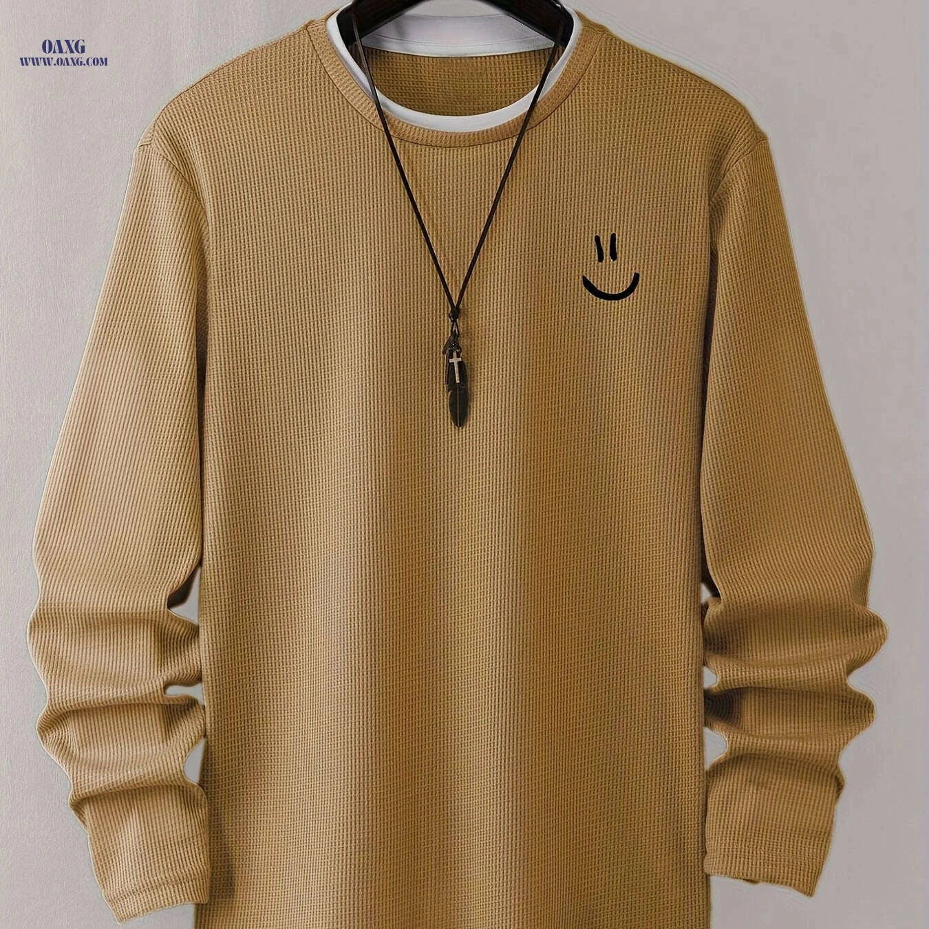 Cartoon Print Waffle Knit Men's T-Shirt - Comfortable Long Sleeve Style   OAXG Light Grey / S