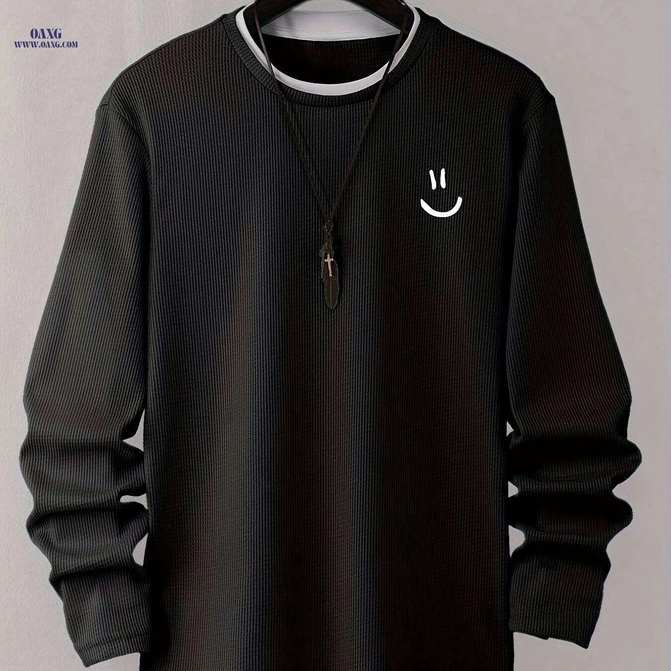 Cartoon Print Waffle Knit Men's T-Shirt - Comfortable Long Sleeve Style   OAXG Light Grey / S
