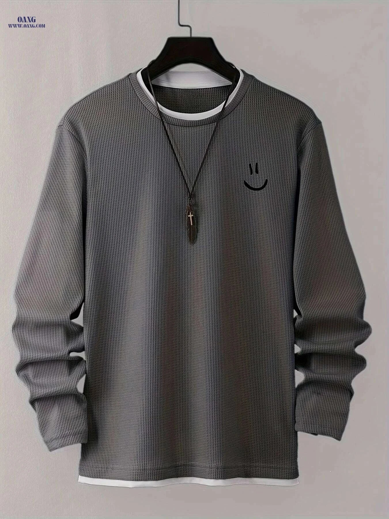 Cartoon Print Waffle Knit Men's T-Shirt - Comfortable Long Sleeve Style   OAXG Light Grey / S