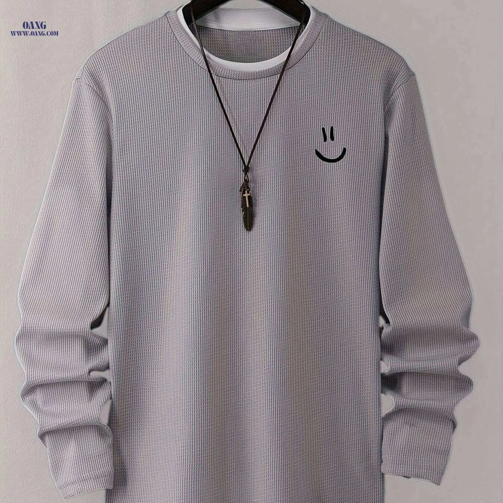 Cartoon Print Waffle Knit Men's T-Shirt - Comfortable Long Sleeve Style   OAXG 