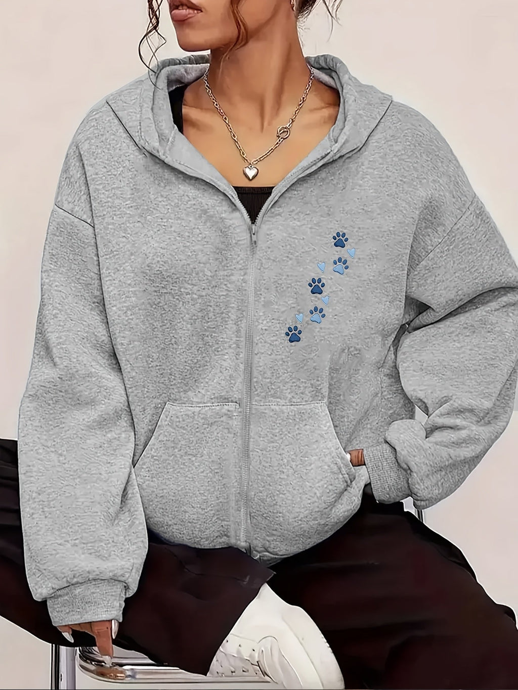 Cartoon Puppy Paw Print Art Letter Pattern Print - Y2K Casual Style Zipper Hoodie - Stylish And Comfortable Zipper Jacket - Casual Sportswear Suitable for All Seasons, Casual Sportswear Fashion Casual Jacket | Comfortable Fabric   OAXG Grey / S
