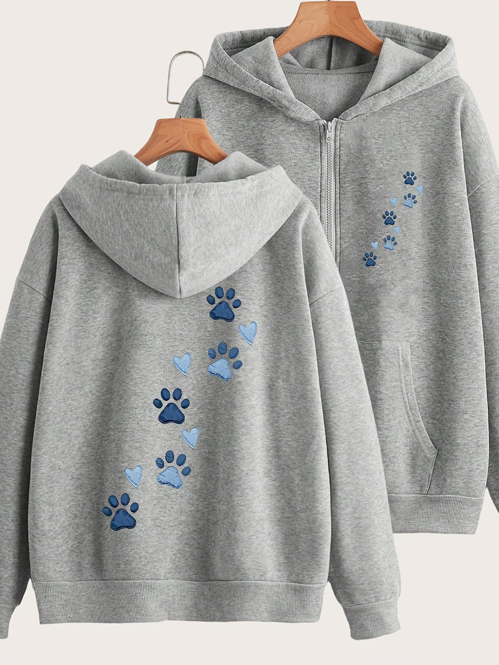 Cartoon Puppy Paw Print Art Letter Pattern Print - Y2K Casual Style Zipper Hoodie - Stylish And Comfortable Zipper Jacket - Casual Sportswear Suitable for All Seasons, Casual Sportswear Fashion Casual Jacket | Comfortable Fabric   OAXG Grey / S