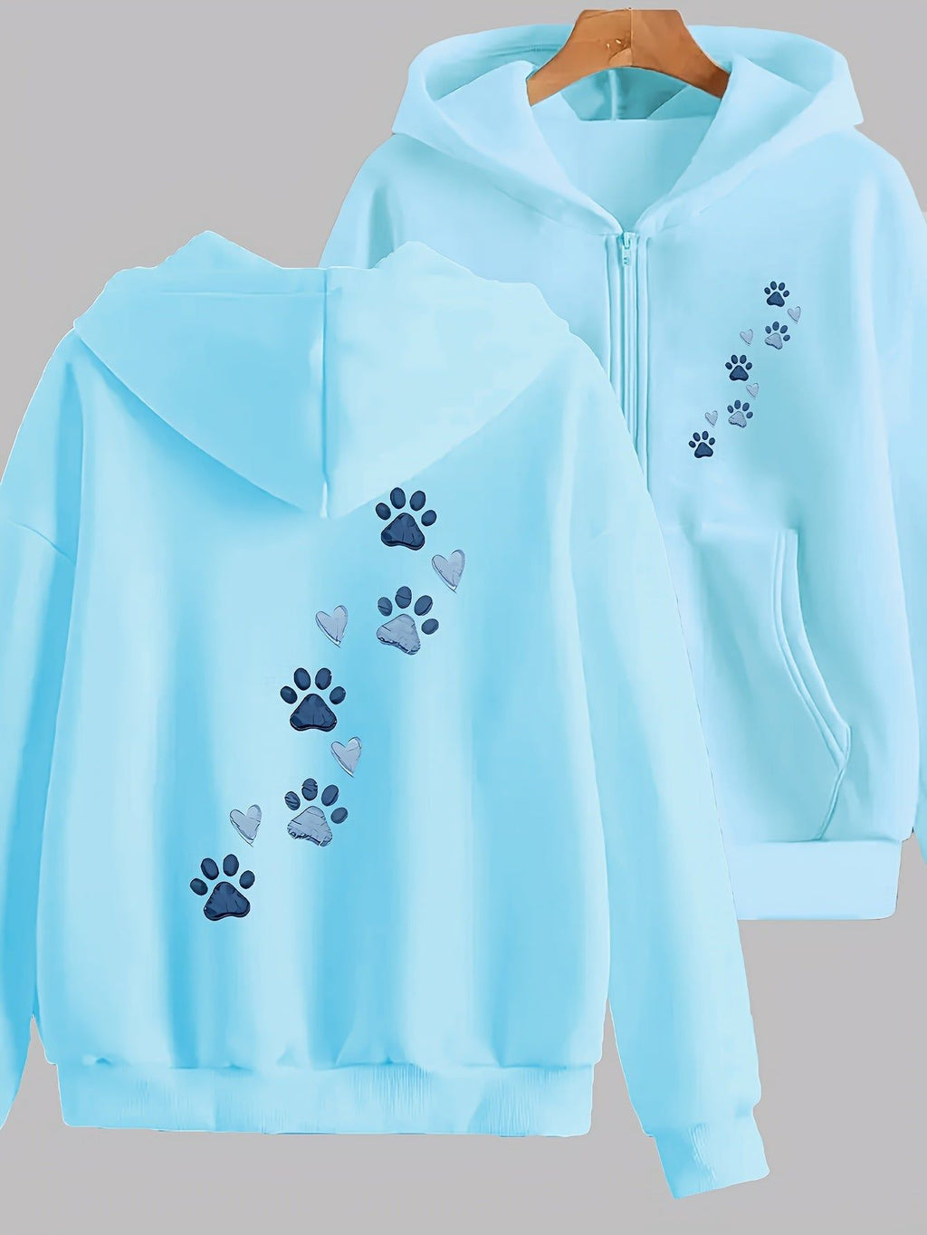 Cartoon Puppy Paw Print Art Letter Pattern Print - Y2K Casual Style Zipper Hoodie - Stylish And Comfortable Zipper Jacket - Casual Sportswear Suitable for All Seasons, Casual Sportswear Fashion Casual Jacket | Comfortable Fabric   OAXG Grey / S