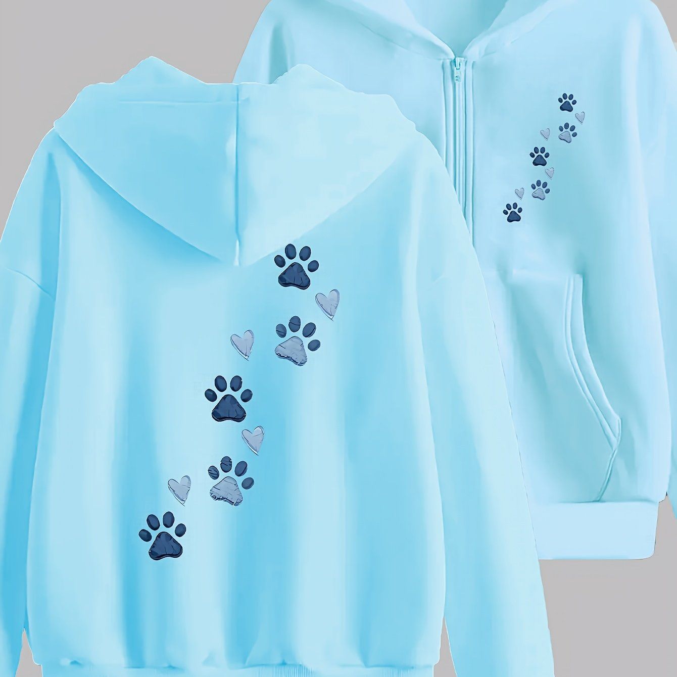 Cartoon Puppy Paw Print Art Letter Pattern Print - Y2K Casual Style Zipper Hoodie - Stylish And Comfortable Zipper Jacket - Casual Sportswear Suitable for All Seasons, Casual Sportswear Fashion Casual Jacket | Comfortable Fabric   OAXG Grey / S