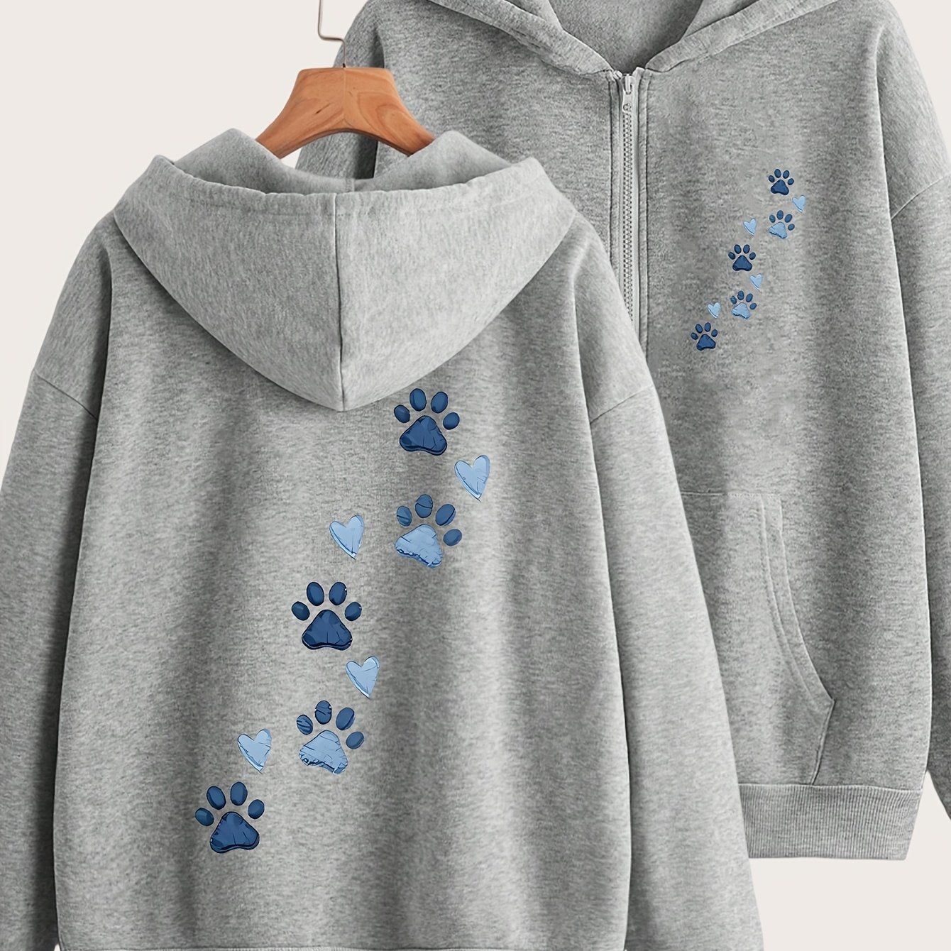 Cartoon Puppy Paw Print Art Letter Pattern Print - Y2K Casual Style Zipper Hoodie - Stylish And Comfortable Zipper Jacket - Casual Sportswear Suitable for All Seasons, Casual Sportswear Fashion Casual Jacket | Comfortable Fabric   OAXG Grey / S