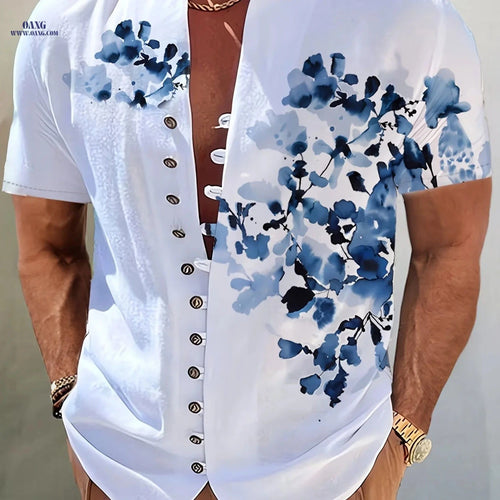 Casual 11-Button Stand Collar Short Sleeve Shirt - Summer Style   OAXG Blue / FR S