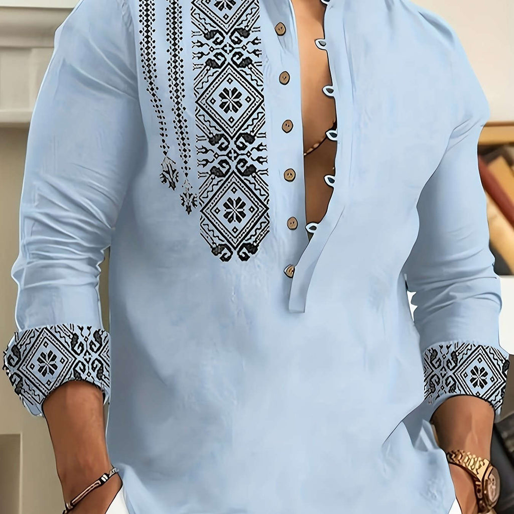 Casual 7-Button Long Sleeve Henley Shirt for Spring & Autumn   OAXG Blue / FR S
