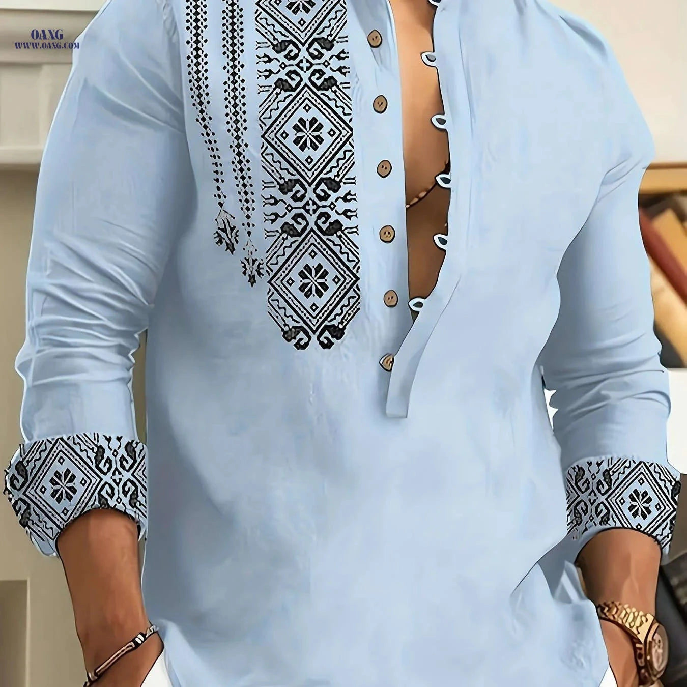 Casual 7-Button Long Sleeve Henley Shirt for Spring & Autumn   OAXG Blue / FR S