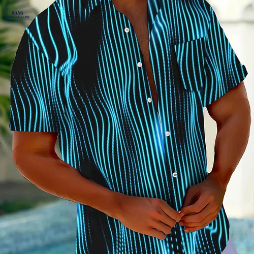 Casual Aurora Art Stripe Men's Short Sleeve Shirt - Pocket Detail   OAXG 