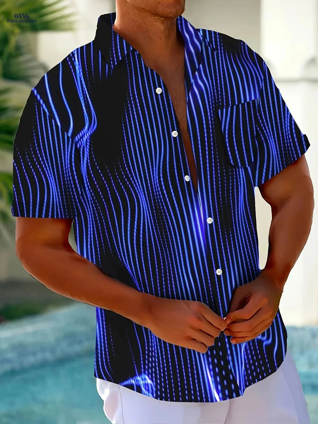 Casual Aurora Art Stripe Men's Short Sleeve Shirt - Pocket Detail   OAXG 