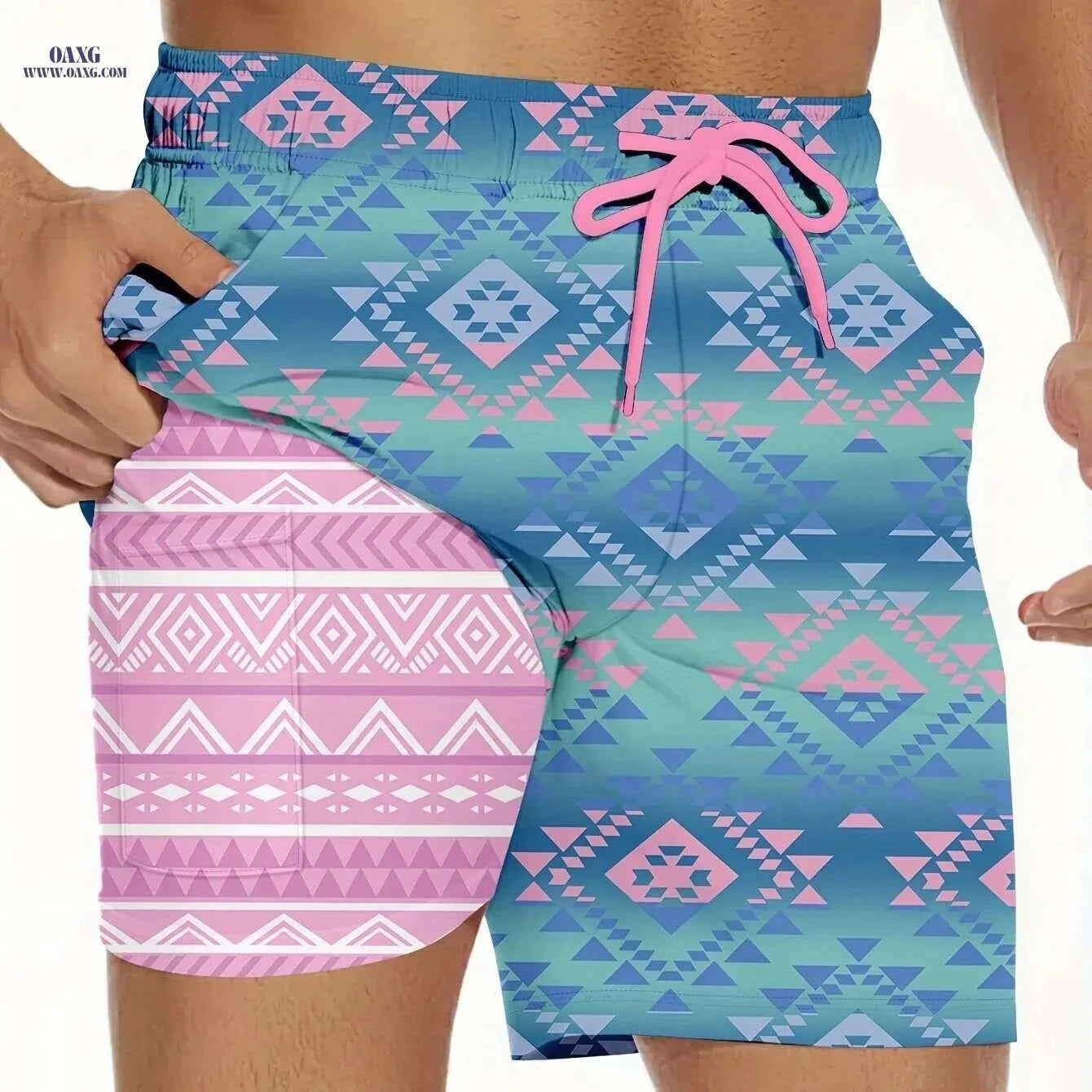 Casual Beach Shorts - Two-In-One Digital Print Swim Trunks for Adults   OAXG Blue / S