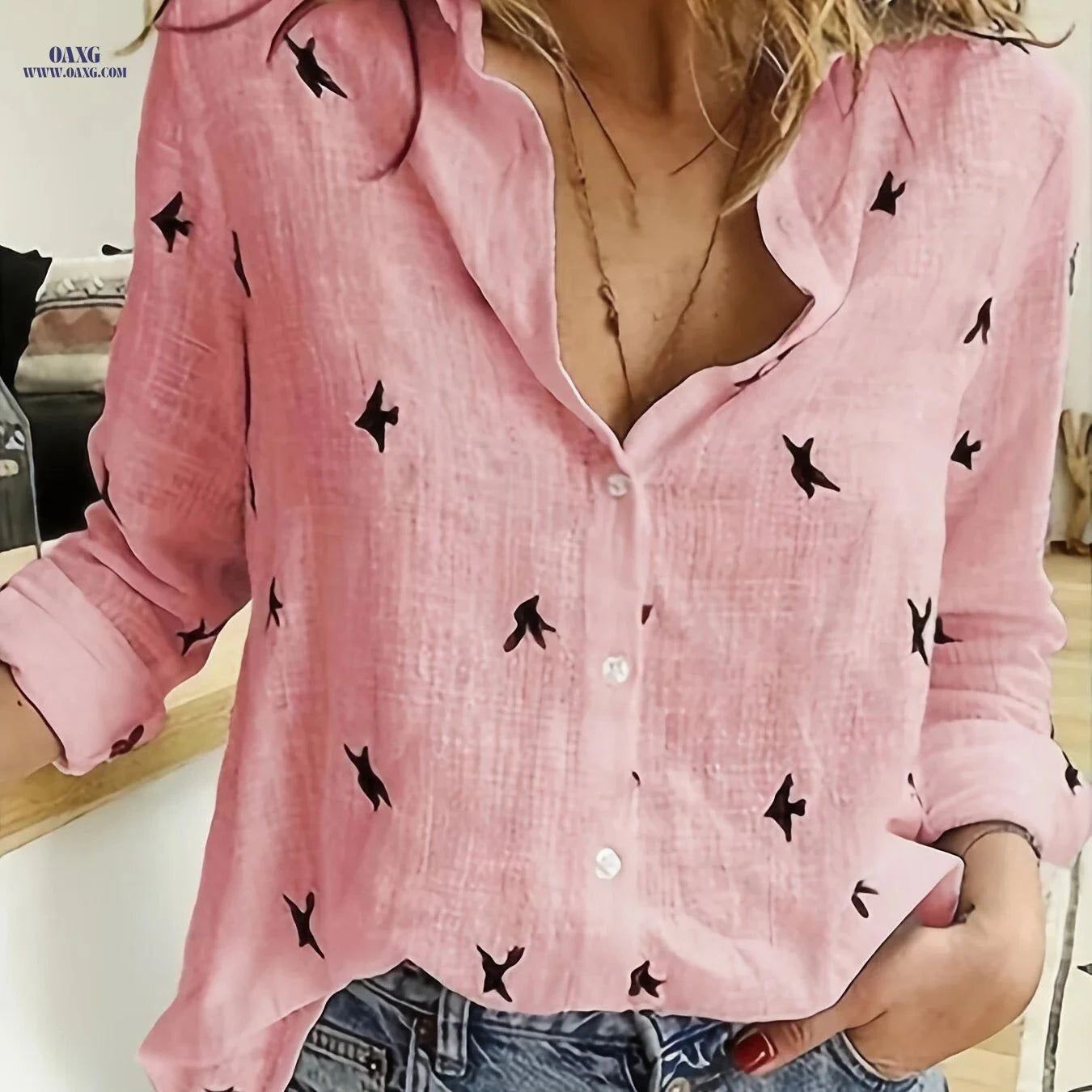 Casual Bird Print Button Front Shirt - Women's Long Sleeve Fall Style   OAXG White / S