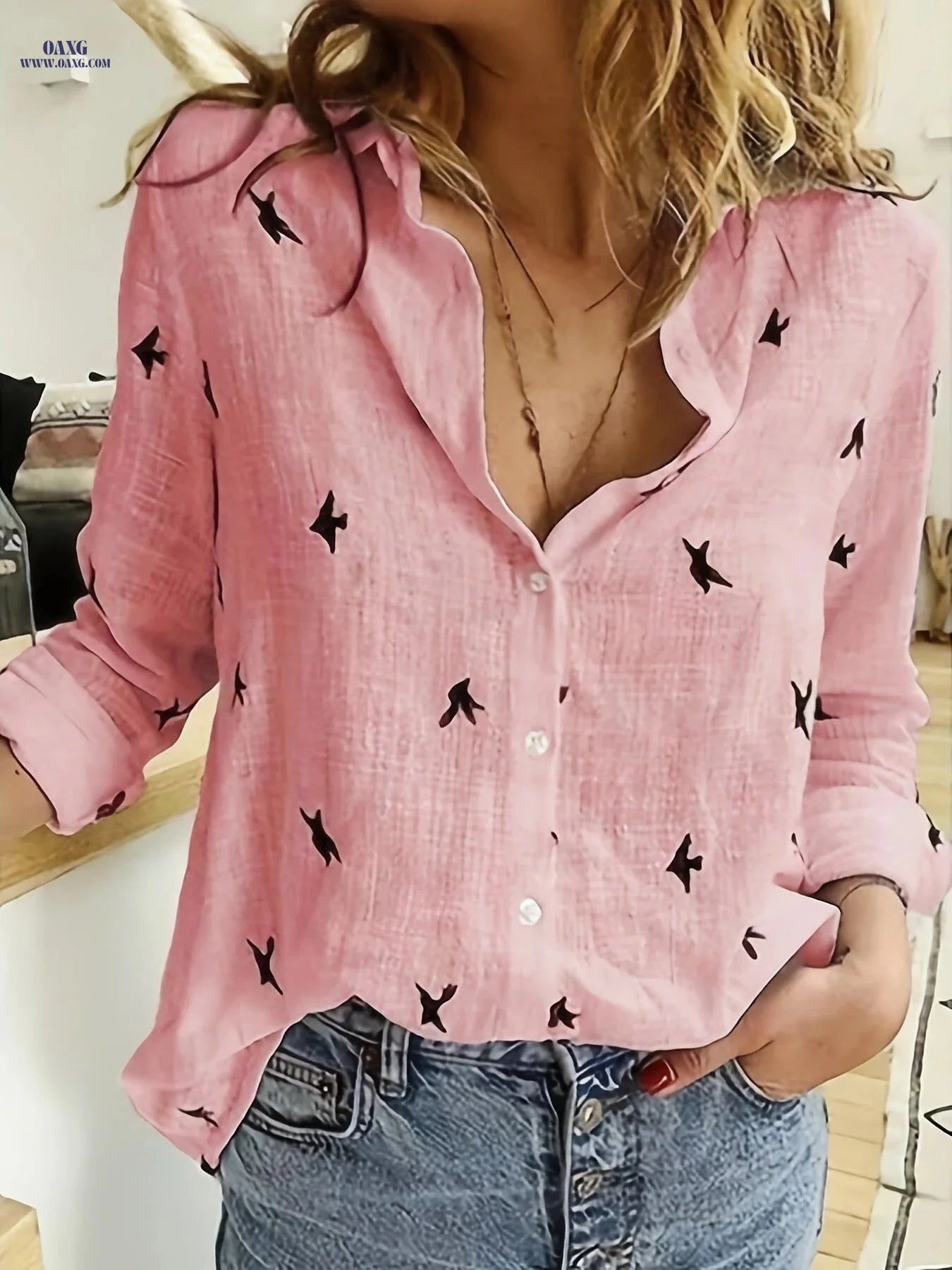 Casual Bird Print Button Front Shirt - Women's Long Sleeve Fall Style   OAXG White / S