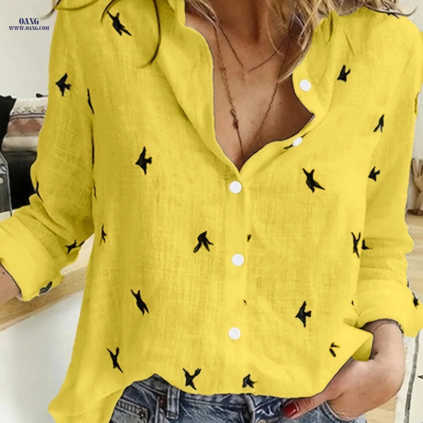 Casual Bird Print Button Front Shirt - Women's Long Sleeve Fall Style   OAXG White / S