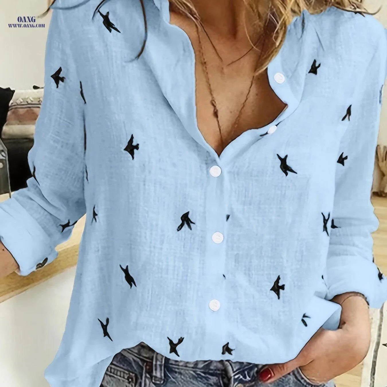 Casual Bird Print Button Front Shirt - Women's Long Sleeve Fall Style   OAXG White / S