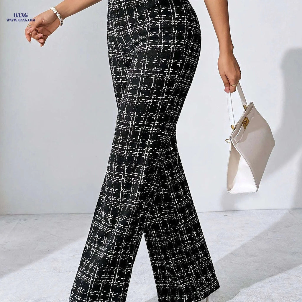 Casual Black Plaid Straight-Leg Pants - Perfect for All Seasons   OAXG 