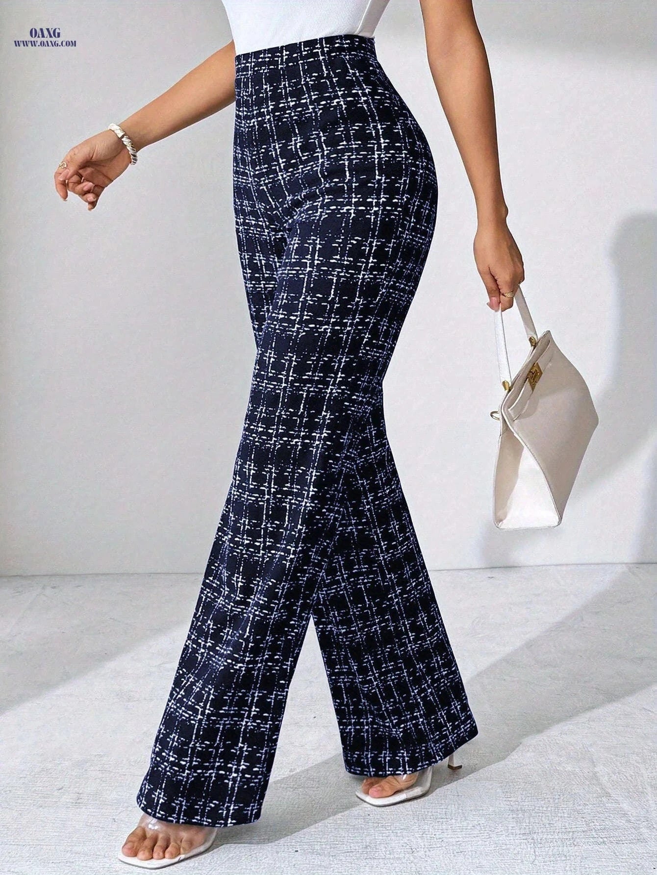 Casual Black Plaid Straight-Leg Pants - Perfect for All Seasons   OAXG 