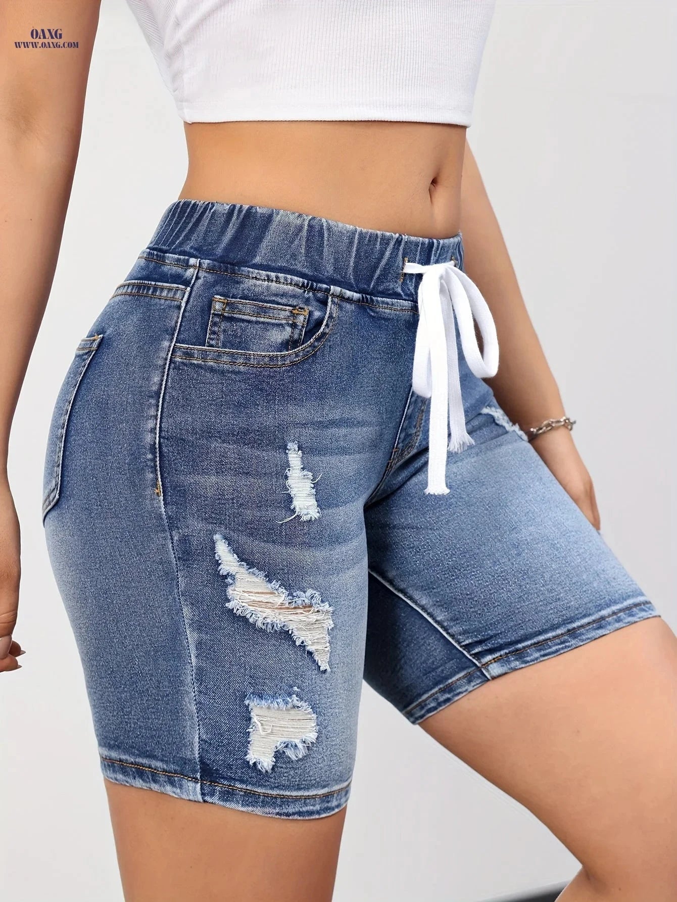 Casual Blue Elastic Waist Midi Pants - High Stretch, Drawstring Design   OAXG 
