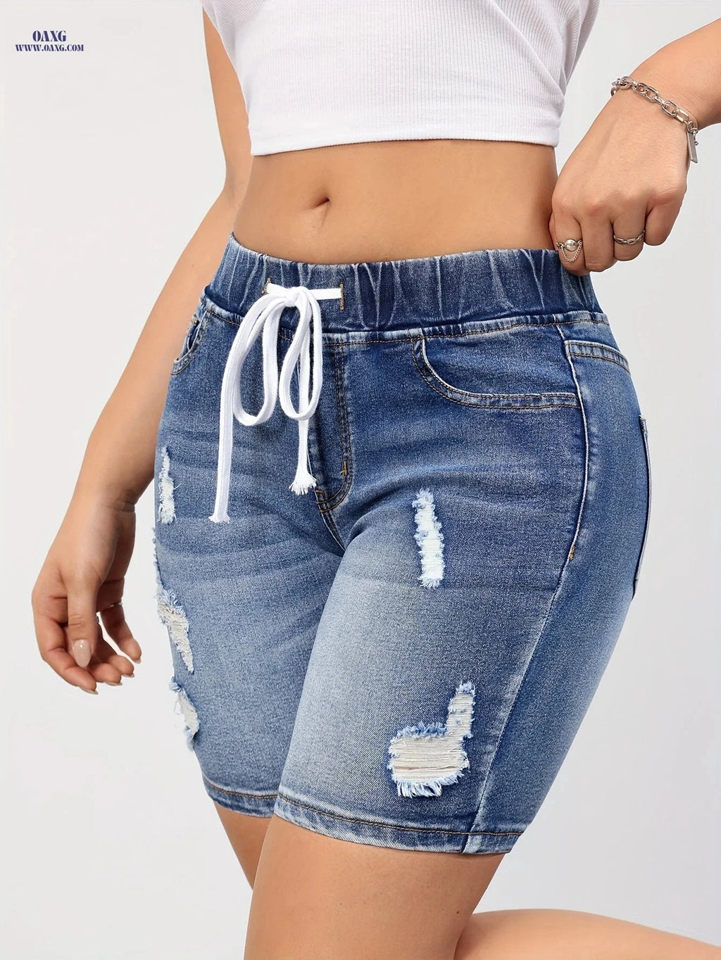 Casual Blue Elastic Waist Midi Pants - High Stretch, Drawstring Design   OAXG 
