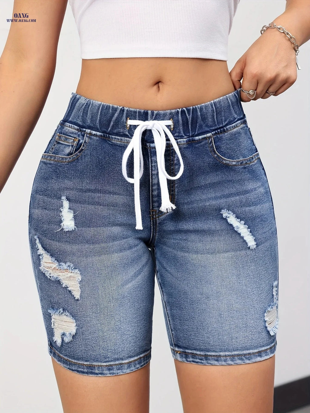 Casual Blue Elastic Waist Midi Pants - High Stretch, Drawstring Design   OAXG 