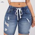 Casual Blue Elastic Waist Midi Pants - High Stretch, Drawstring Design   OAXG 