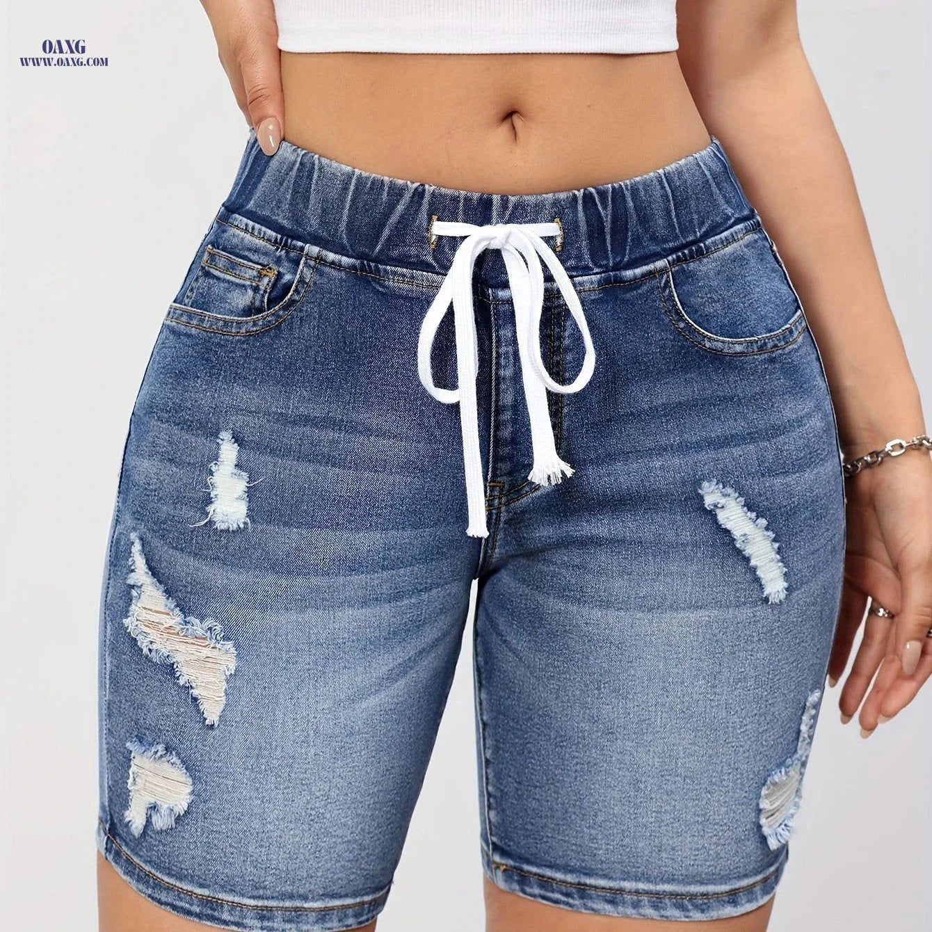 Casual Blue Elastic Waist Midi Pants - High Stretch, Drawstring Design   OAXG 