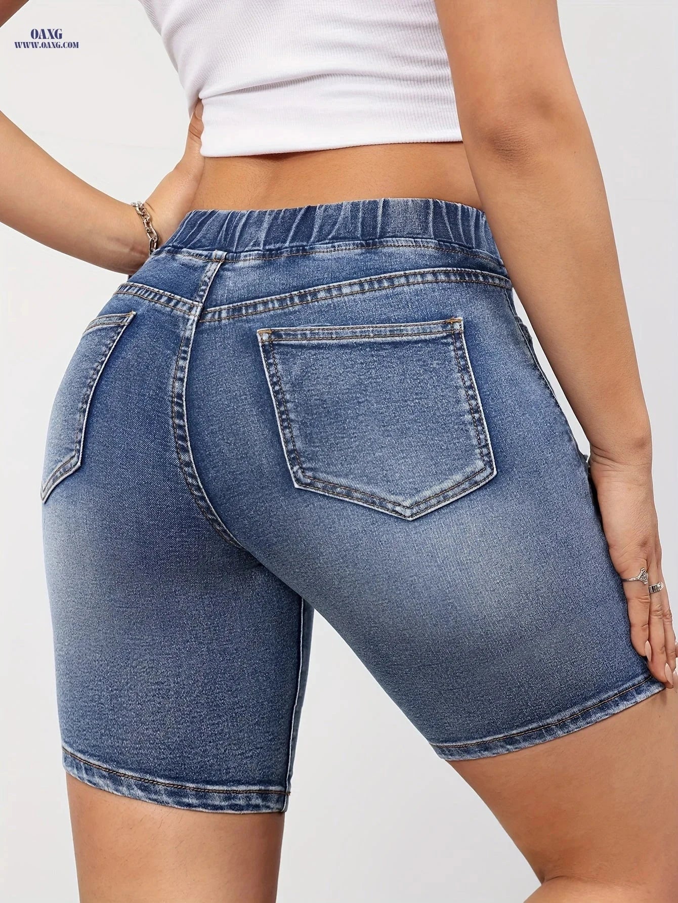 Casual Blue Elastic Waist Midi Pants - High Stretch, Drawstring Design   OAXG 