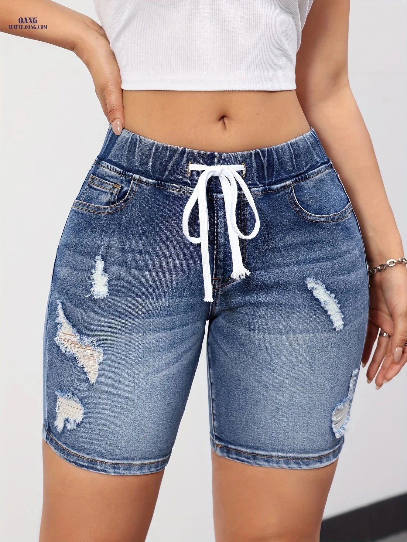 Casual Blue Elastic Waist Midi Pants - High Stretch, Drawstring Design   OAXG 