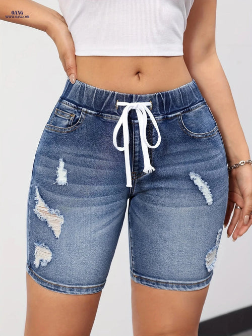 Casual Blue Elastic Waist Midi Pants - High Stretch, Drawstring Design   OAXG 