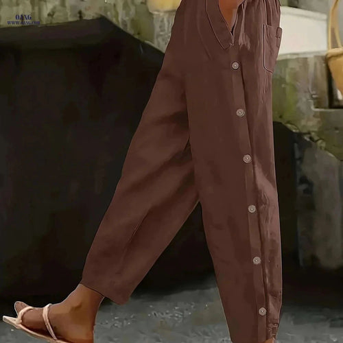 Casual Button Decorative Trousers - All-Season Stylish Fit   OAXG Coffee color / S
