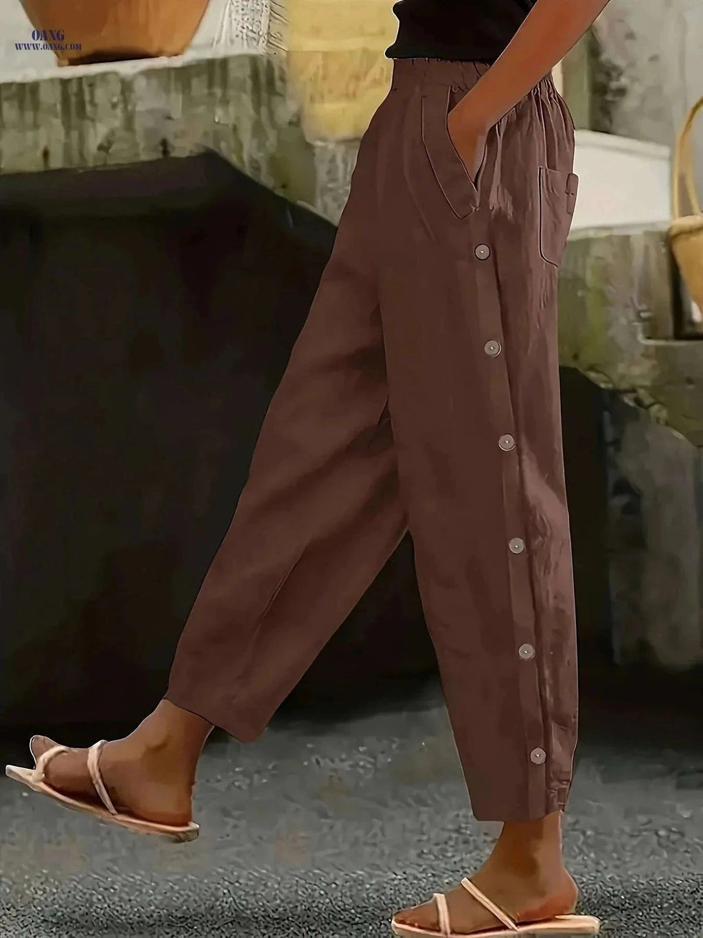 Casual Button Decorative Trousers - All-Season Stylish Fit   OAXG Coffee color / S