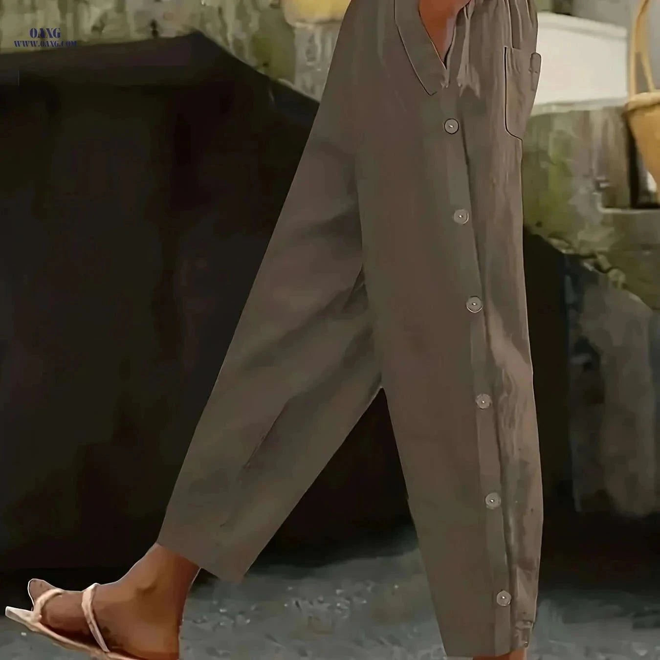 Casual Button Decorative Trousers - All-Season Stylish Fit   OAXG Coffee color / S