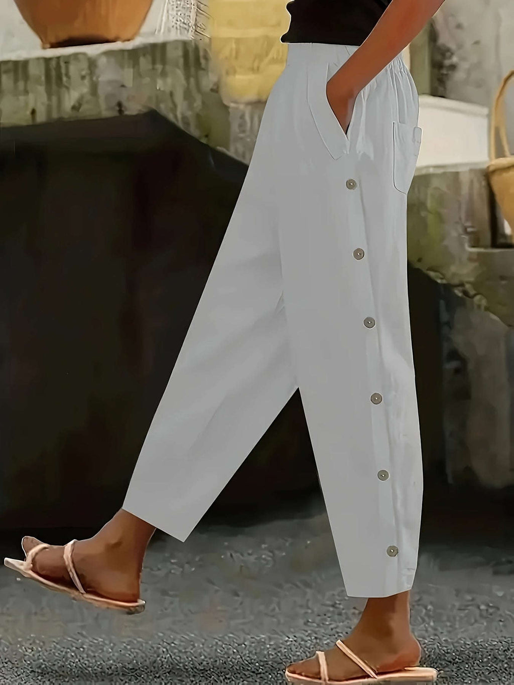 Casual Button Decorative Trousers - All-Season Stylish Fit   OAXG Coffee color / S