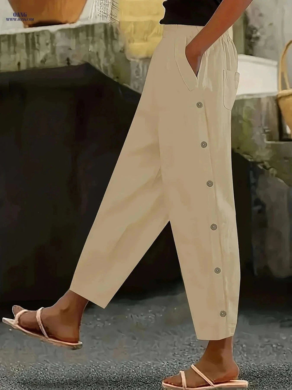 Casual Button Decorative Trousers - All-Season Stylish Fit   OAXG Coffee color / S