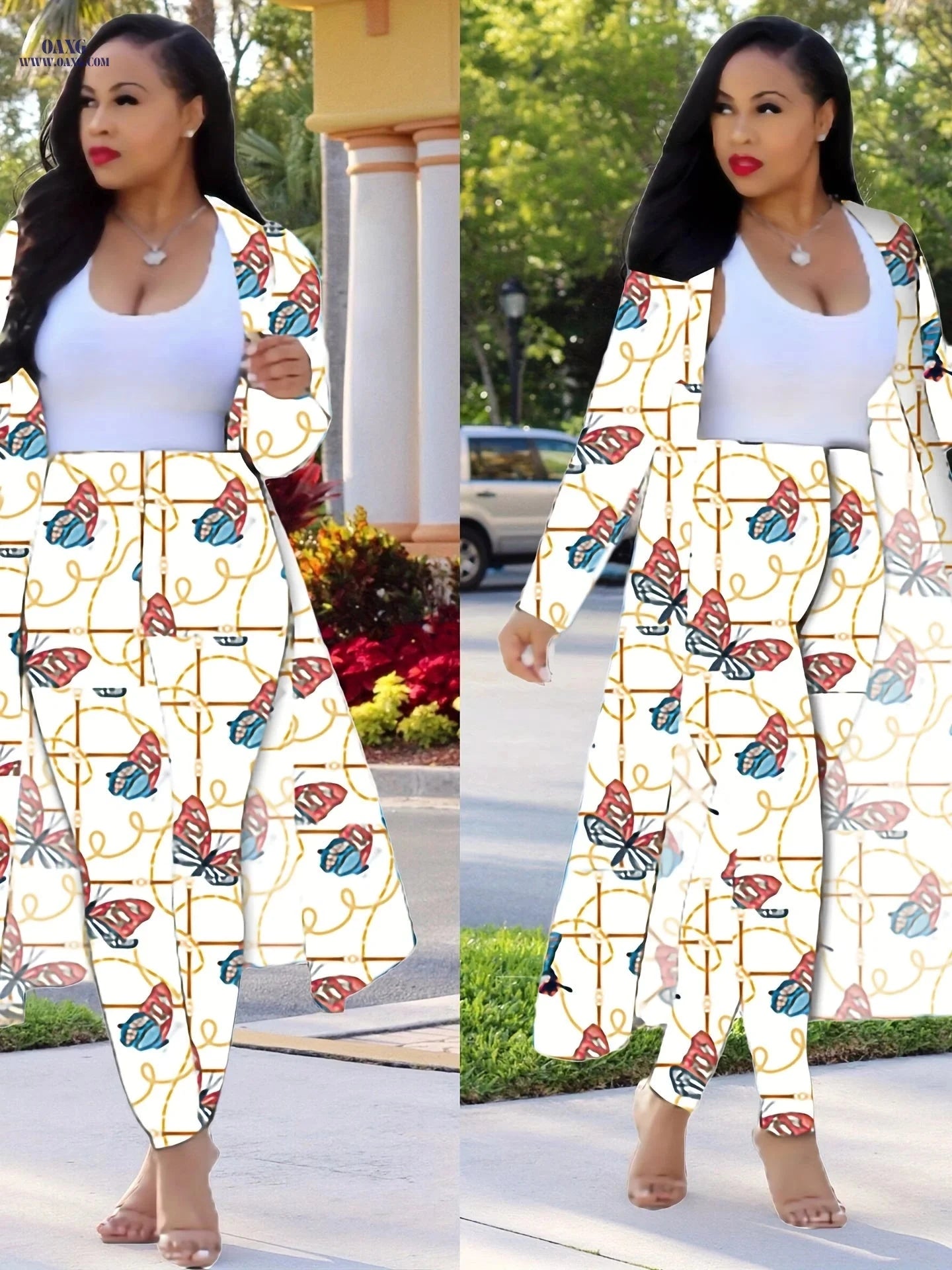 Casual Chain Print Two-Piece Set - Long Sleeve Coat & High Waist Pants   OAXG 