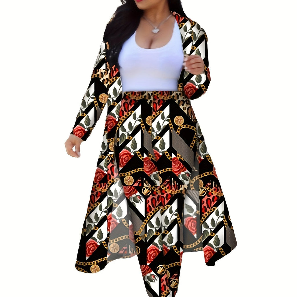 Casual Chain Print Two-Piece Set - Long Sleeve Coat & High Waist Pants   OAXG Black 1 / S