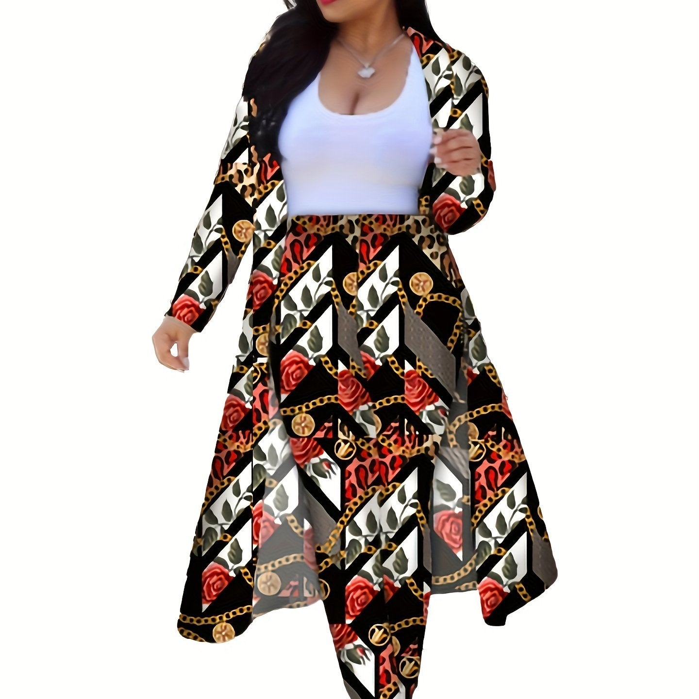 Casual Chain Print Two-Piece Set - Long Sleeve Coat & High Waist Pants   OAXG Black 1 / S