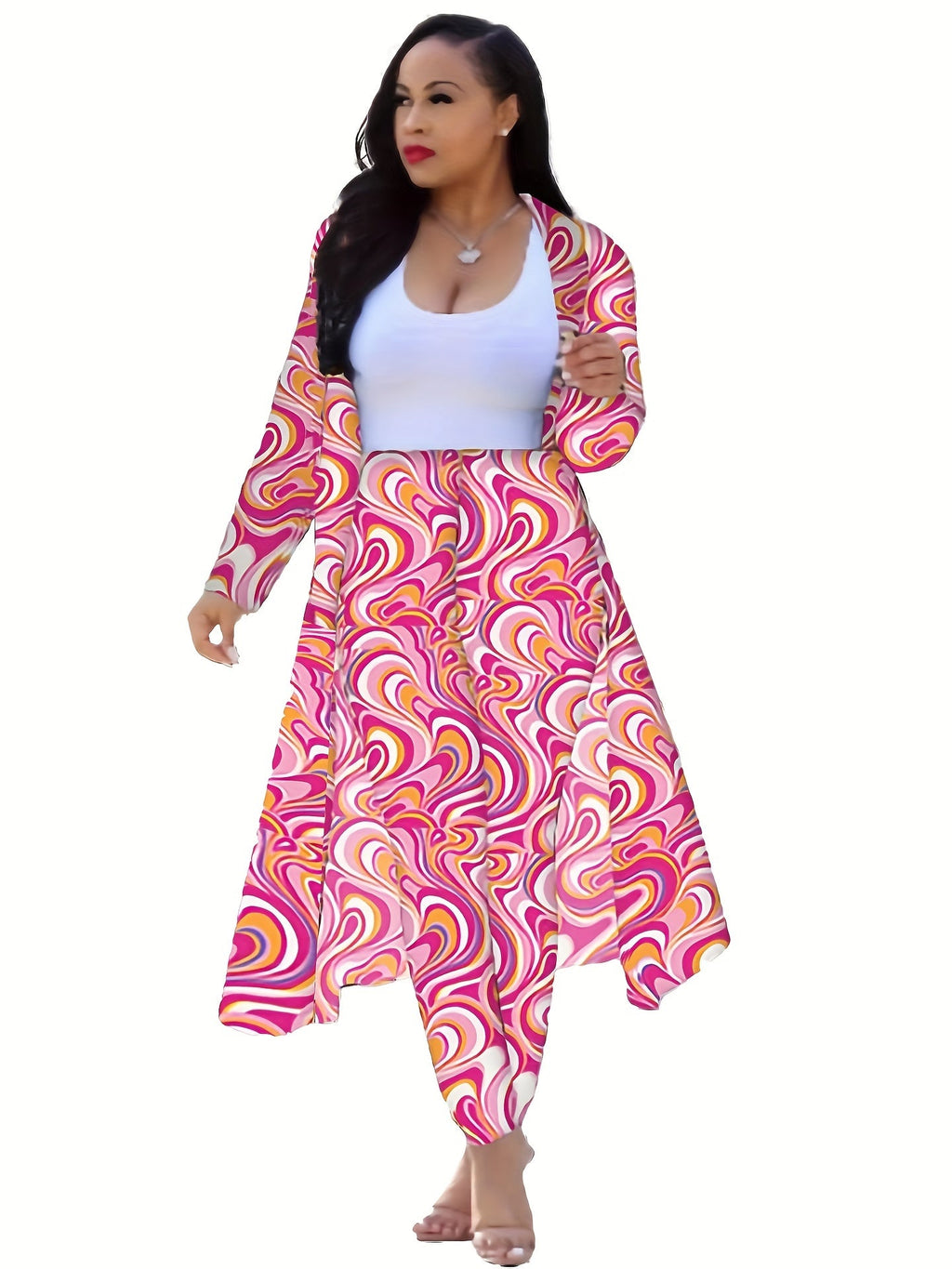 Casual Chain Print Two-Piece Set - Long Sleeve Coat & High Waist Pants   OAXG Black 1 / S