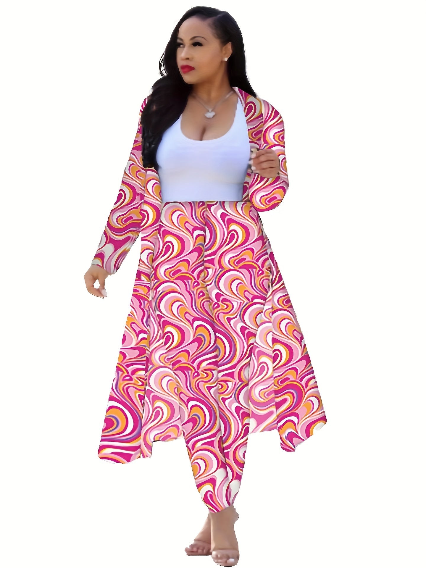 Casual Chain Print Two-Piece Set - Long Sleeve Coat & High Waist Pants   OAXG Black 1 / S