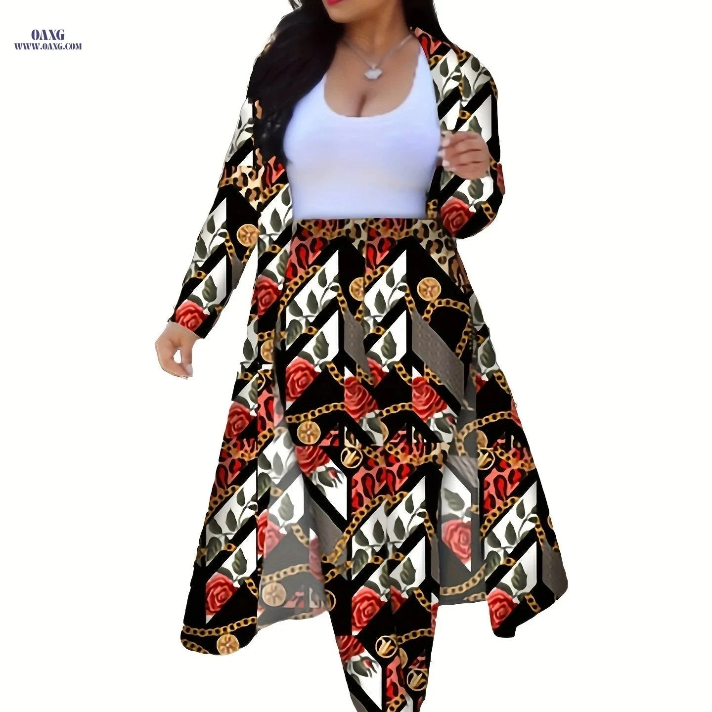 Casual Chain Print Two-Piece Set - Long Sleeve Coat & High Waist Pants   OAXG Black 1 / S
