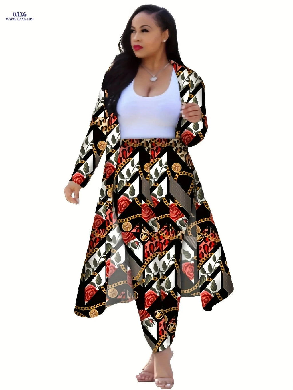 Casual Chain Print Two-Piece Set - Long Sleeve Coat & High Waist Pants   OAXG 
